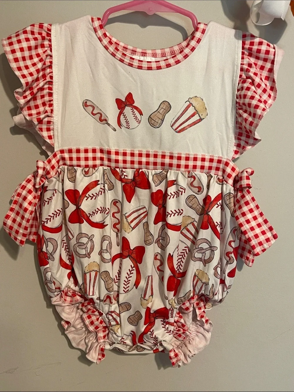 Red & White Gingham Baseball Bubble Romper 2T girls bow
